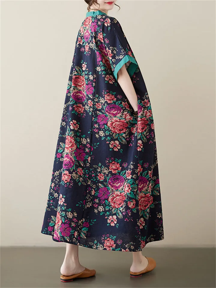 Women's Casual Rose Print V Neck Short Sleeve Oversized Dress