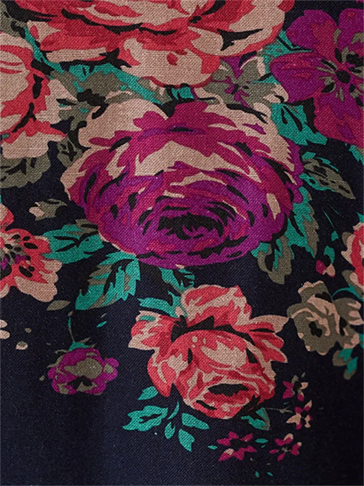 Women's Casual Rose Print V Neck Short Sleeve Oversized Dress