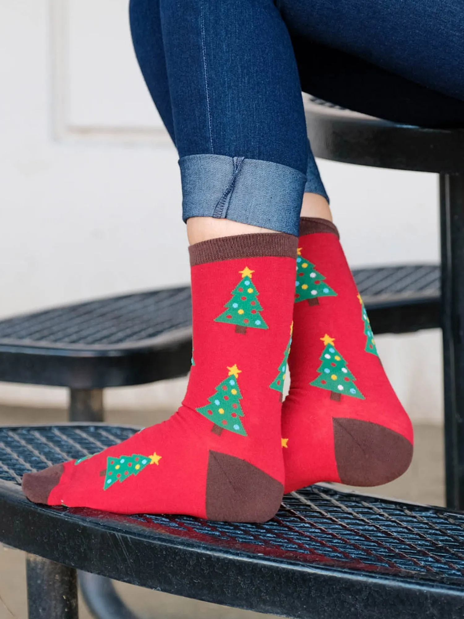 Women's Christmas Tree Socks All-Over Novelty Crew Red