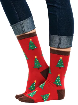 Women's Christmas Tree Socks All-Over Novelty Crew Red