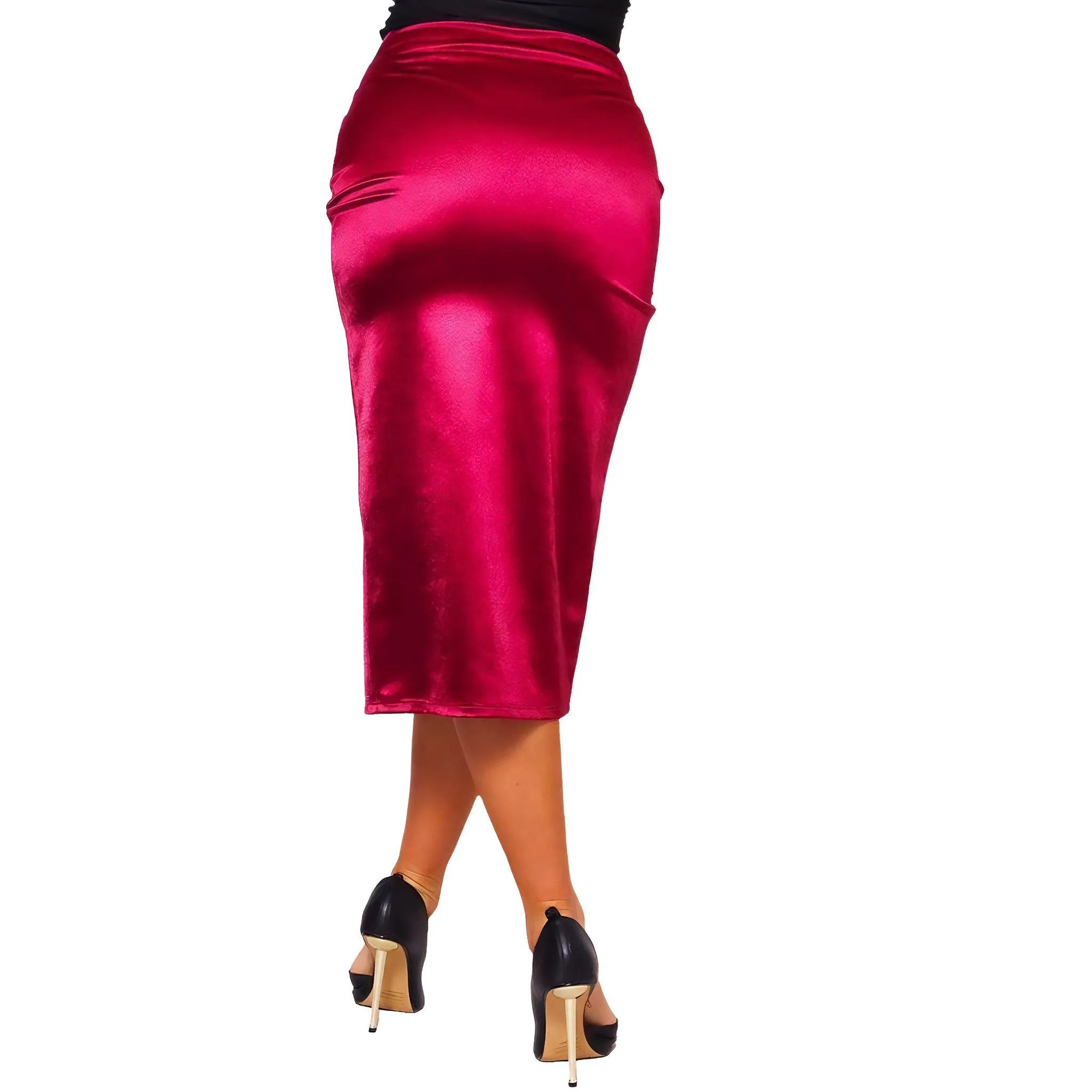 Women's Crossover Satin Midi Skirt in Champagne, Navy & Ruby