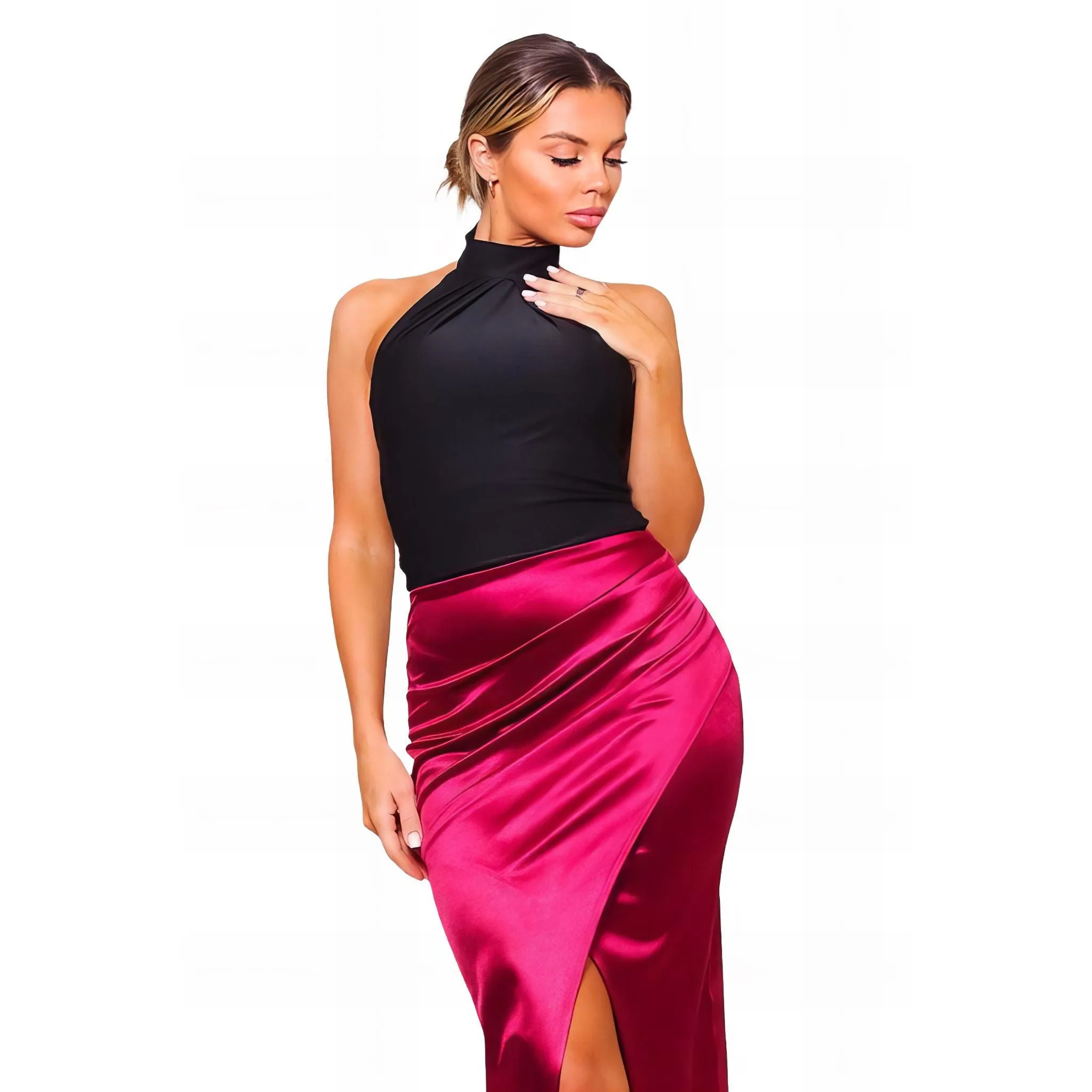 Women's Crossover Satin Midi Skirt in Champagne, Navy & Ruby