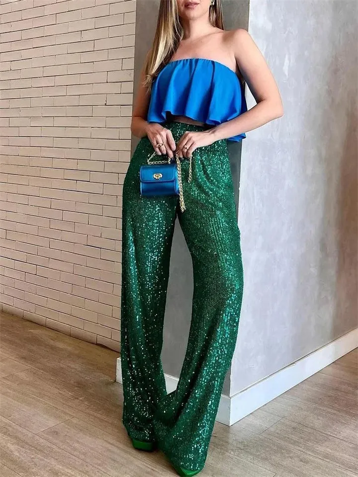 Women's Elegant Shiny Sequins Straight-Leg Pants