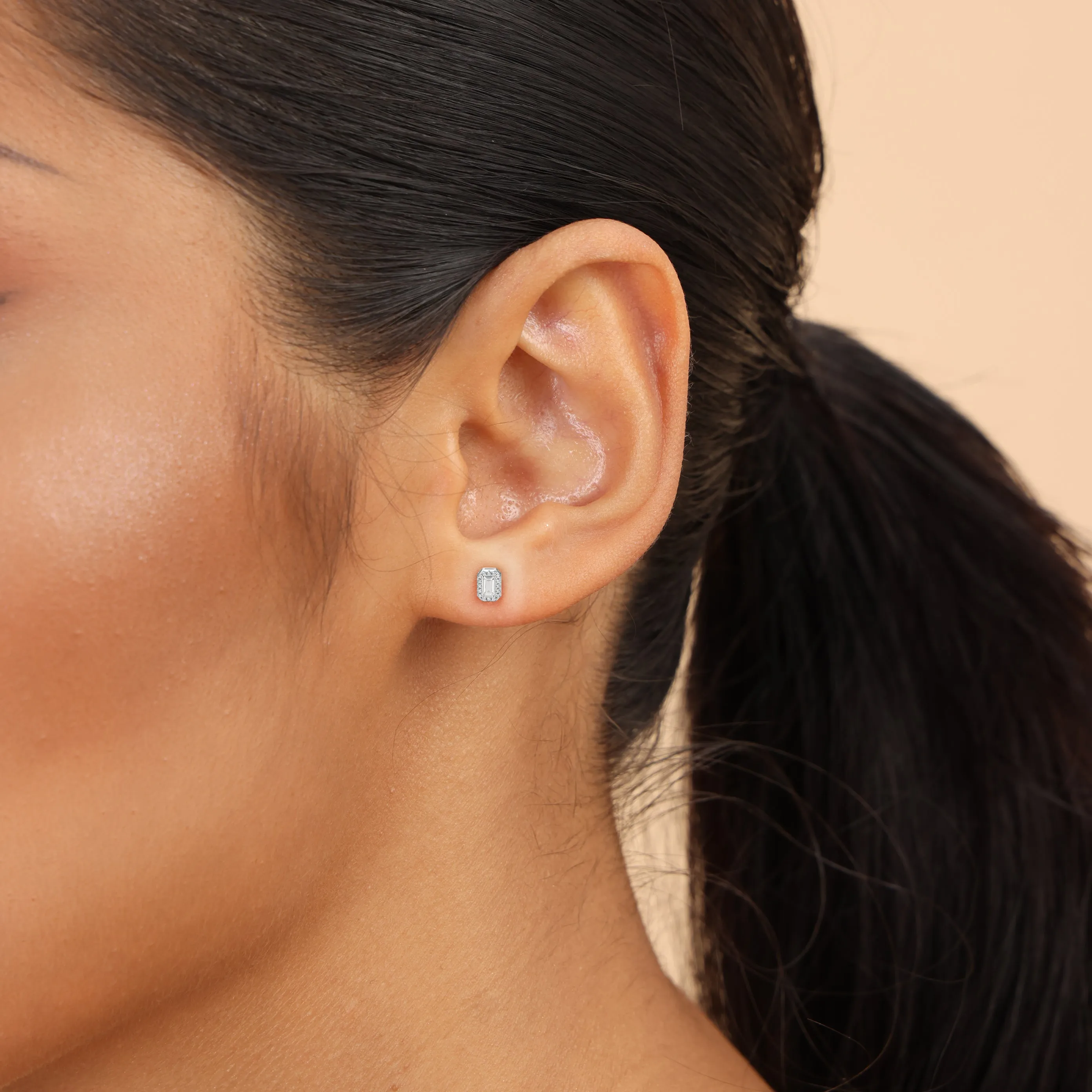 Women's Emerald Cut Halo Stud Earring