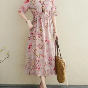 Women's Ethnic Cotton Linen Floral Print Maxi Dress