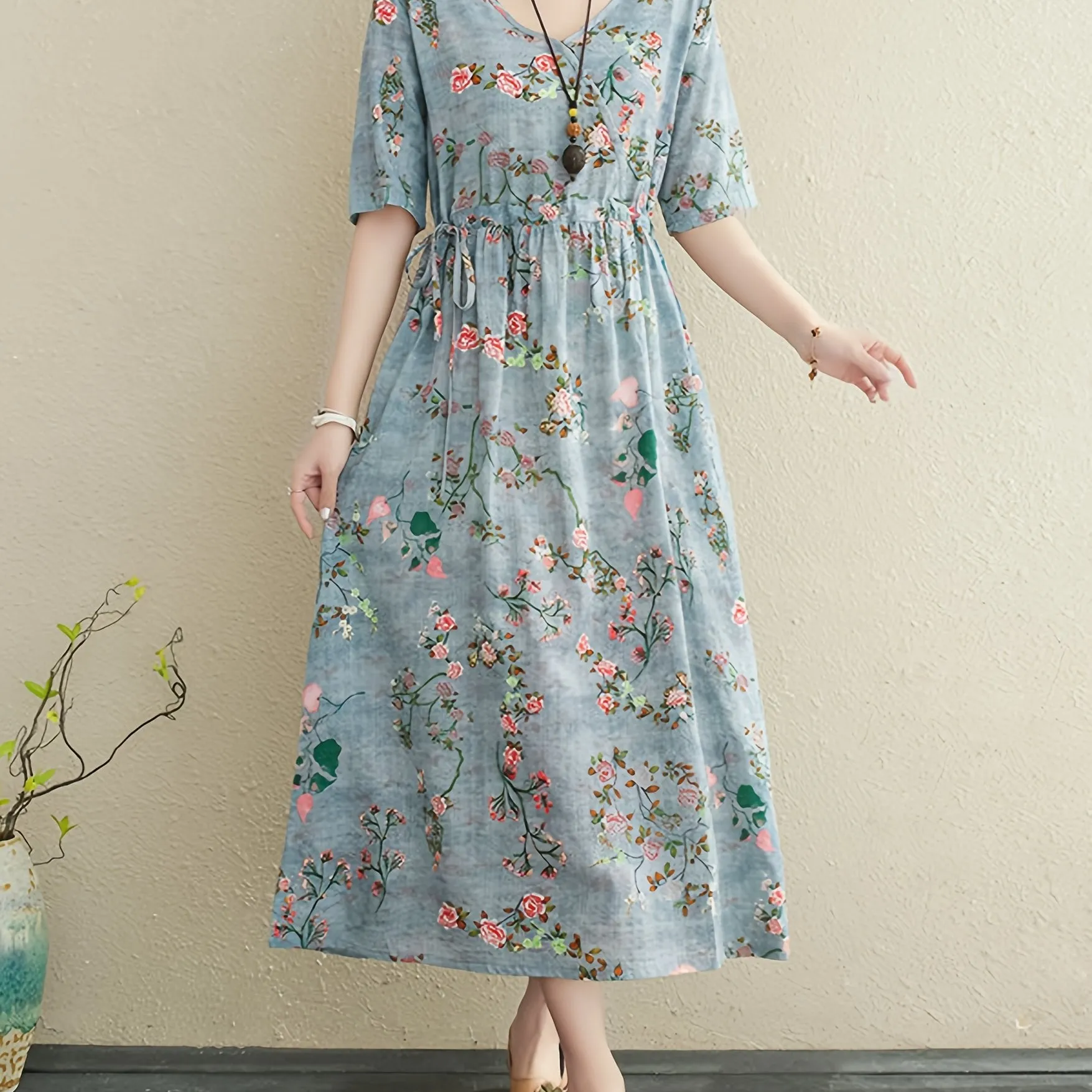 Women's Ethnic Cotton Linen Floral Print Maxi Dress