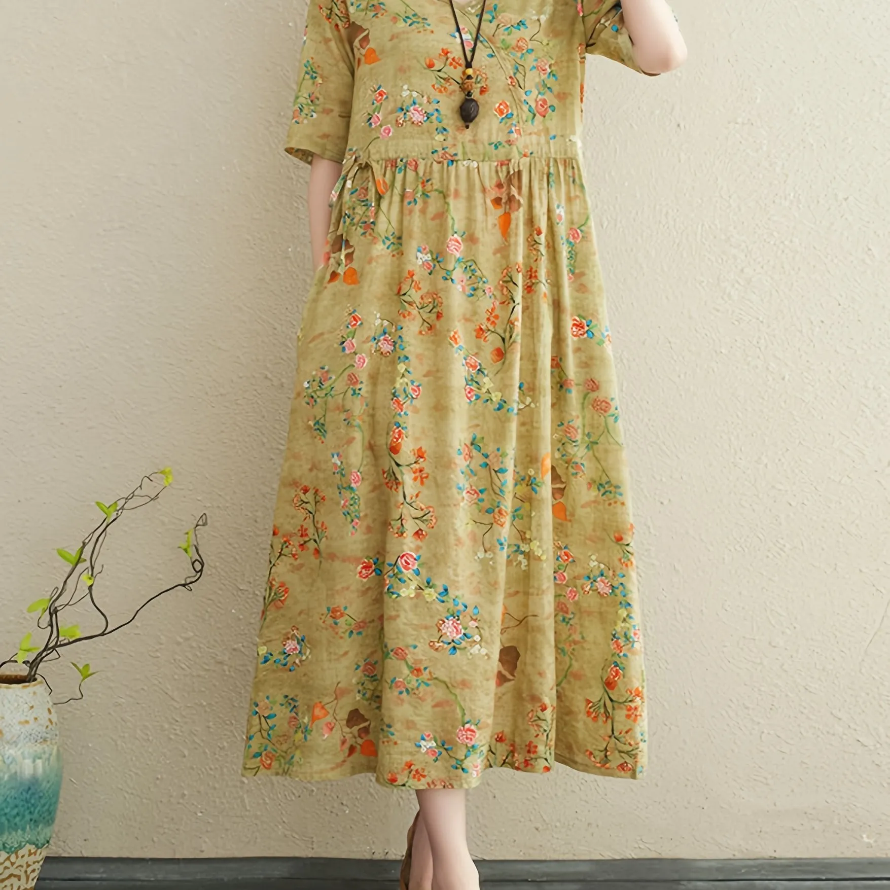 Women's Ethnic Cotton Linen Floral Print Maxi Dress