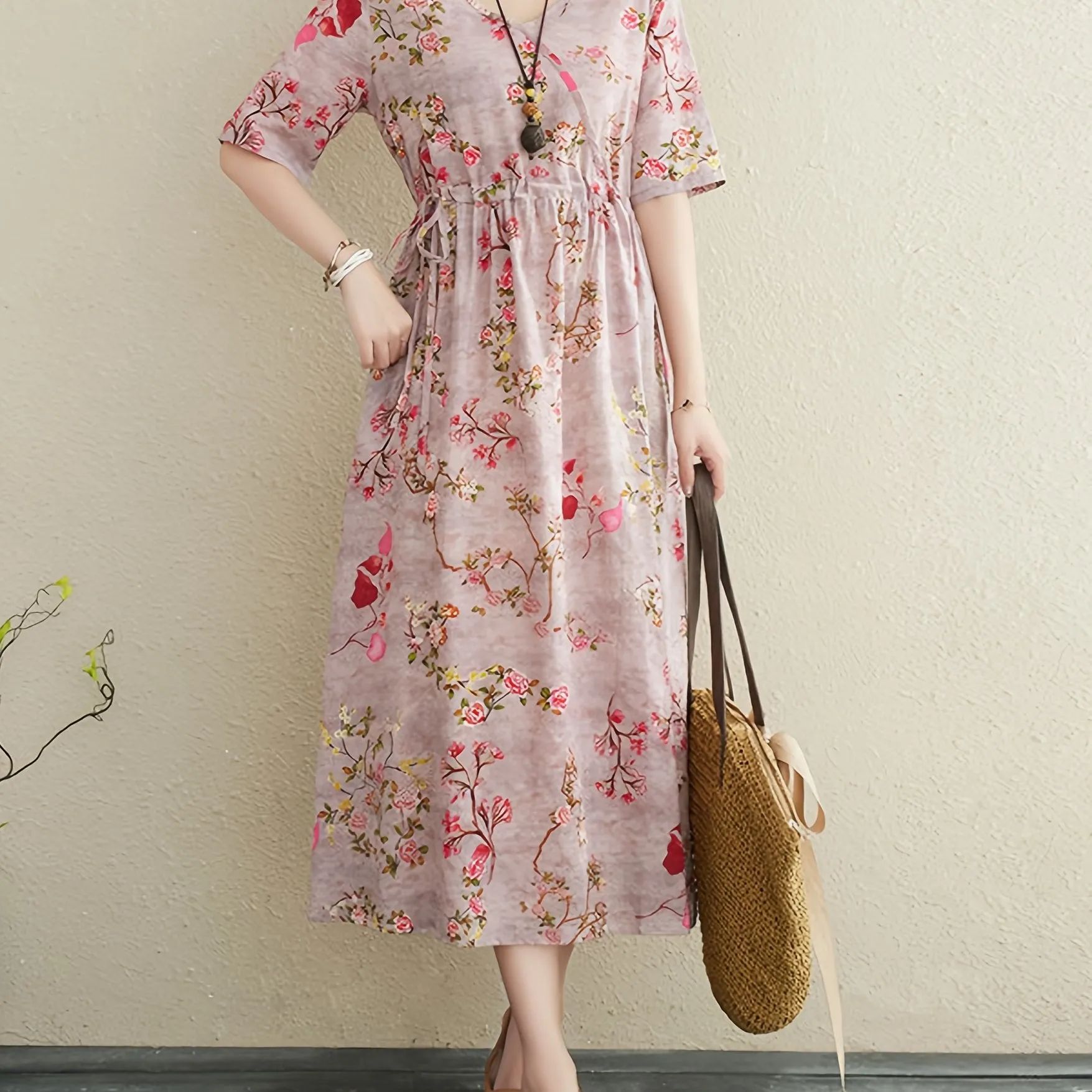 Women's Ethnic Cotton Linen Floral Print Maxi Dress