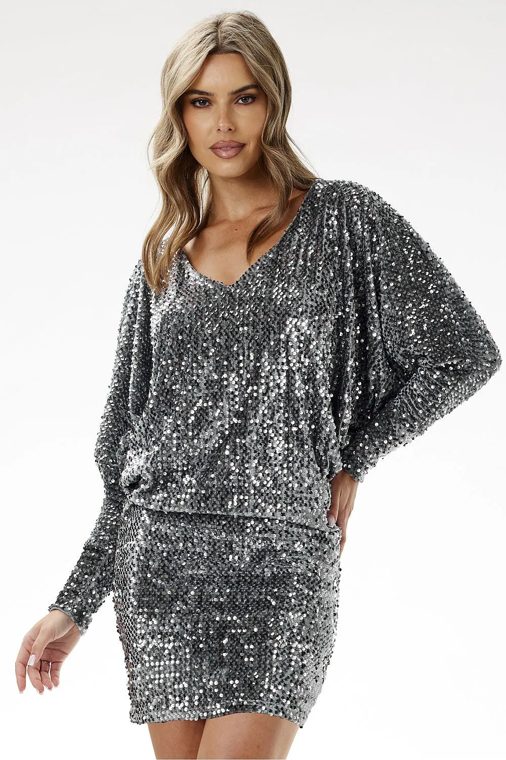 Women's Evening Dress - Sequin - Party Style - Batwing Sleeve Mini Dress