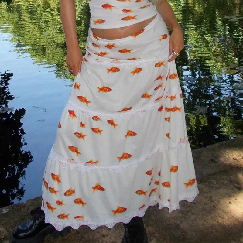 Women's Fashion Summer INS Goldfish Pattern Printed Skirt Set