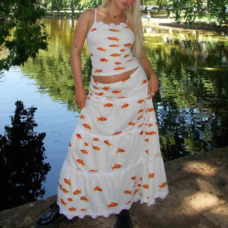 Women's Fashion Summer INS Goldfish Pattern Printed Skirt Set