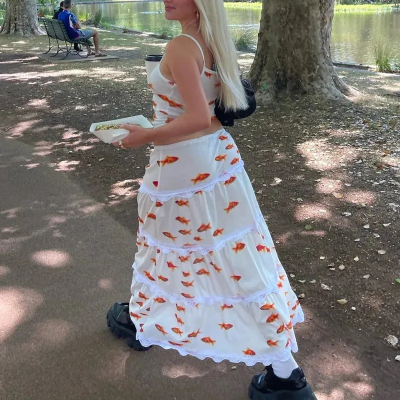 Women's Fashion Summer INS Goldfish Pattern Printed Skirt Set