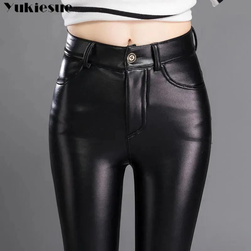 Women's Faux Leather Pants High Stretch Shiny Slim Trousers  Pencil Vegan Leather Pants for Women