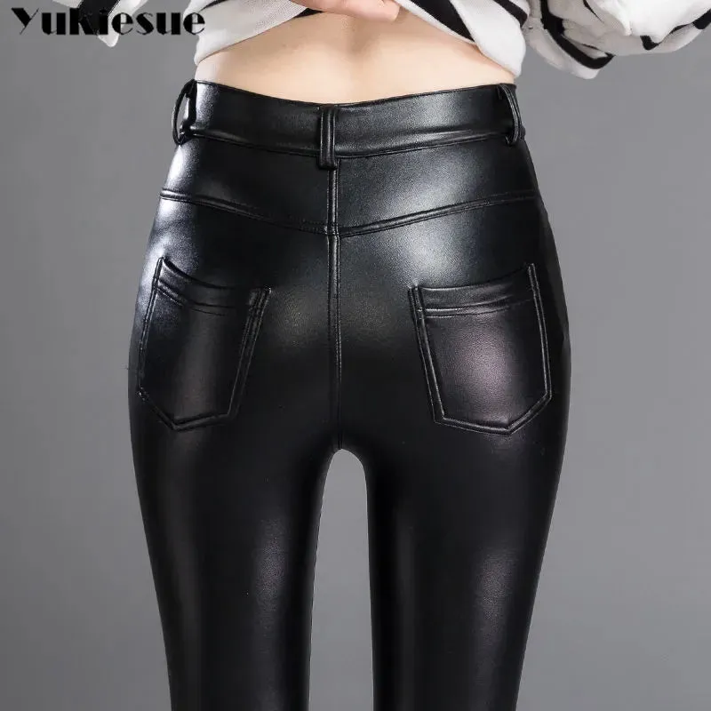 Women's Faux Leather Pants High Stretch Shiny Slim Trousers  Pencil Vegan Leather Pants for Women