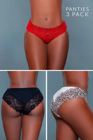 Women's Floral Lace Waist & Hem Design Mid Rise Bikini Panty (Pack of 3)