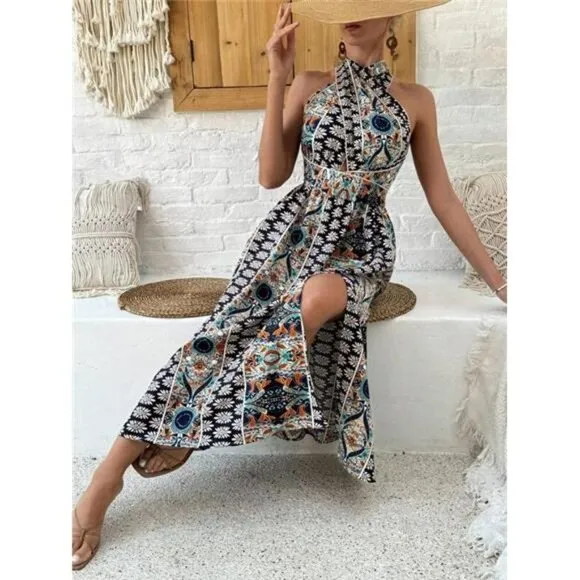 Women's Floral Printed Sleeveless Back Crossed Dress