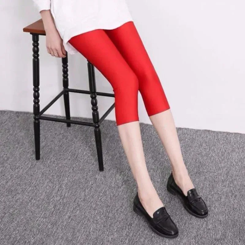 Women's Fluorescent Color Leggings Shiny Capri Leggings Spandex Pants Spring Summer Super Elastic Fitness Capris