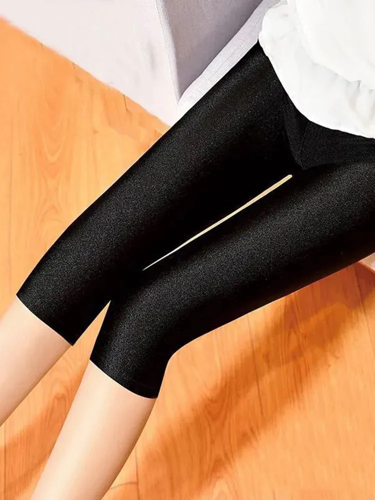 Women's Fluorescent Color Leggings Shiny Capri Leggings Spandex Pants Spring Summer Super Elastic Fitness Capris