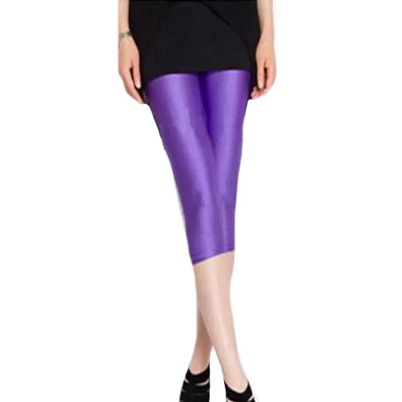 Women's Fluorescent Color Leggings Shiny Capri Leggings Spandex Pants Spring Summer Super Elastic Fitness Capris