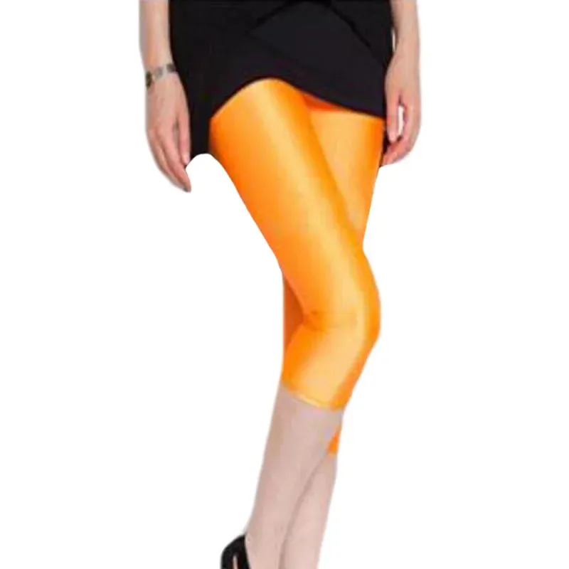 Women's Fluorescent Color Leggings Shiny Capri Leggings Spandex Pants Spring Summer Super Elastic Fitness Capris