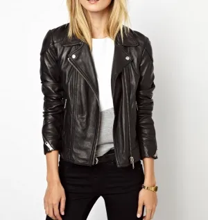 Women's Genuine Leather Motorcycle Jacket Black WJ012