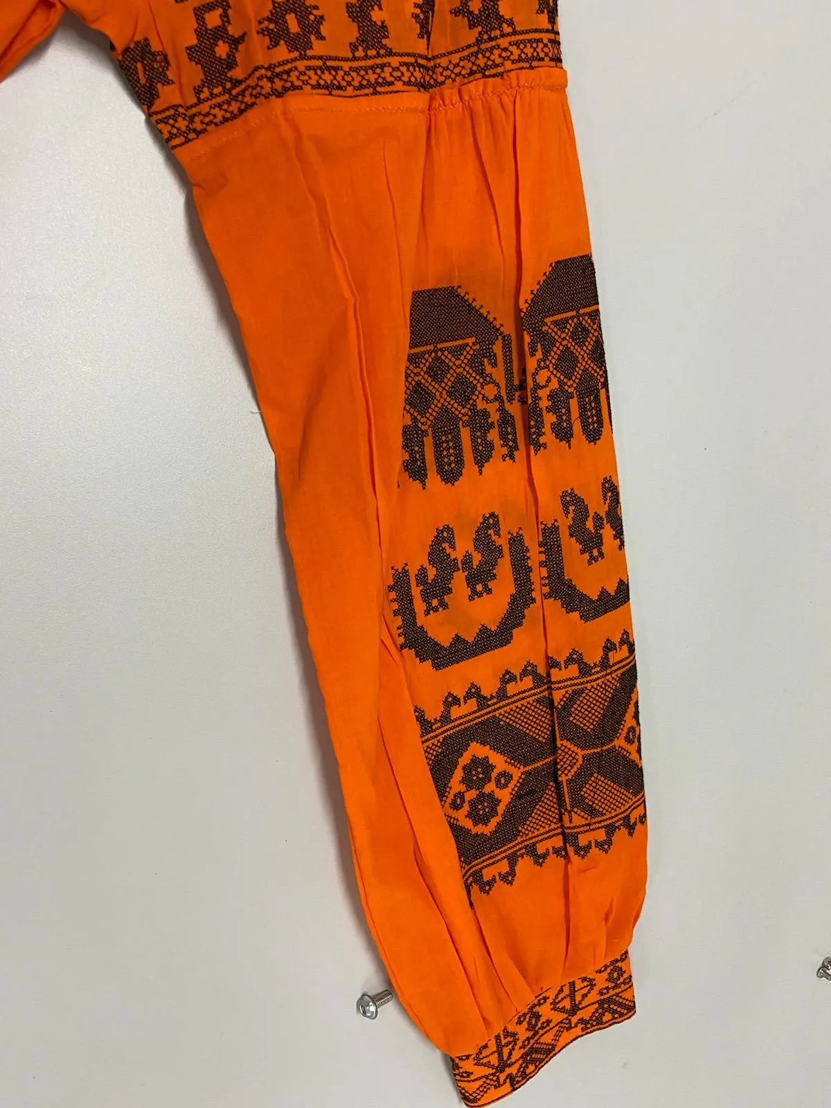 Women's Long sleeves Orange Dress with Black Embroidery