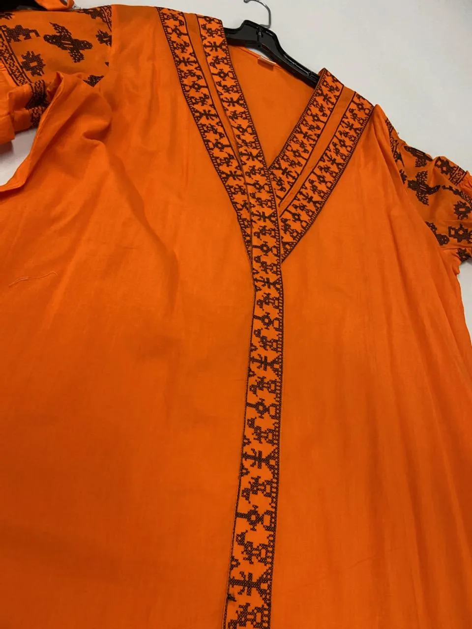 Women's Long sleeves Orange Dress with Black Embroidery