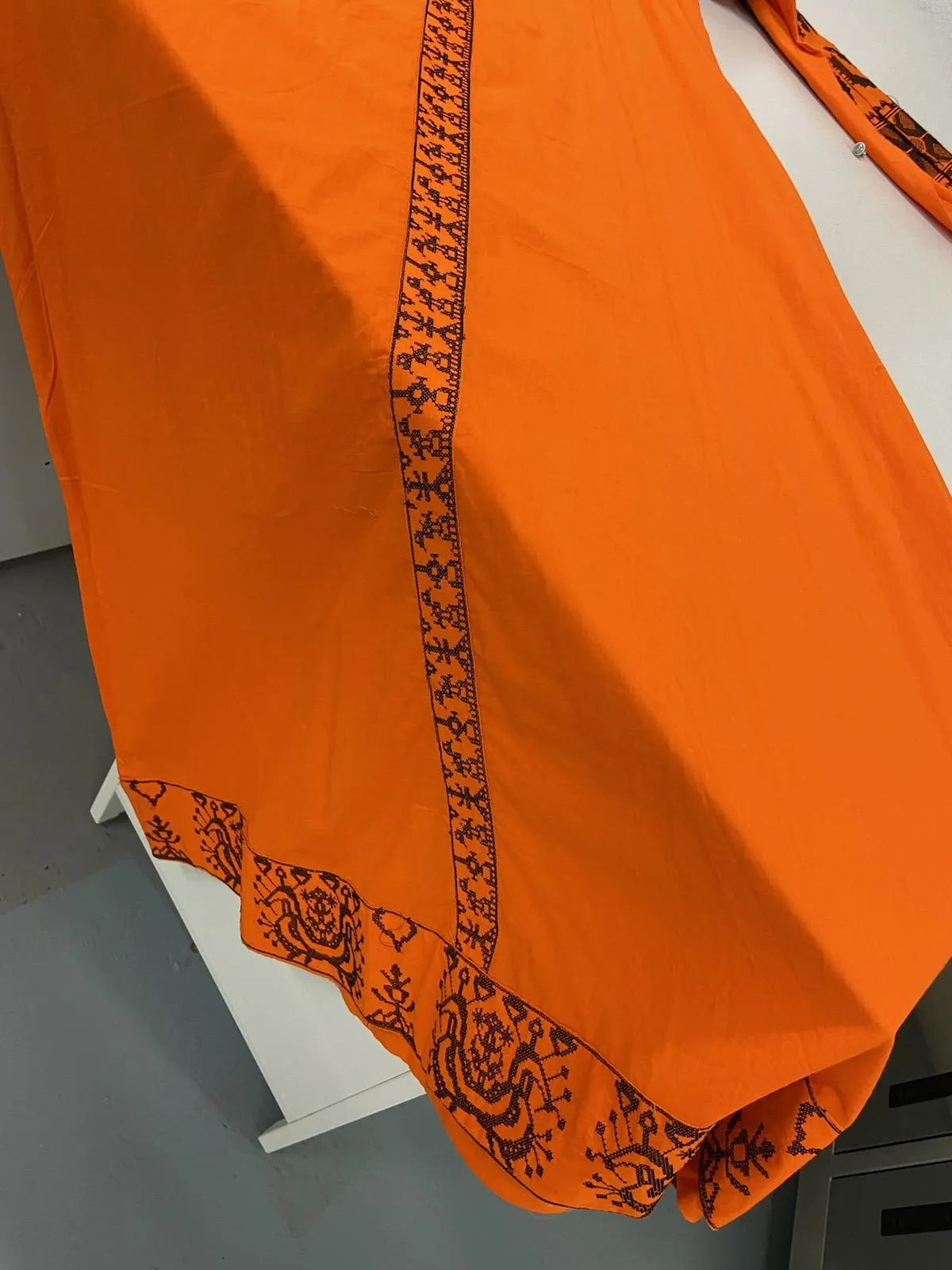 Women's Long sleeves Orange Dress with Black Embroidery