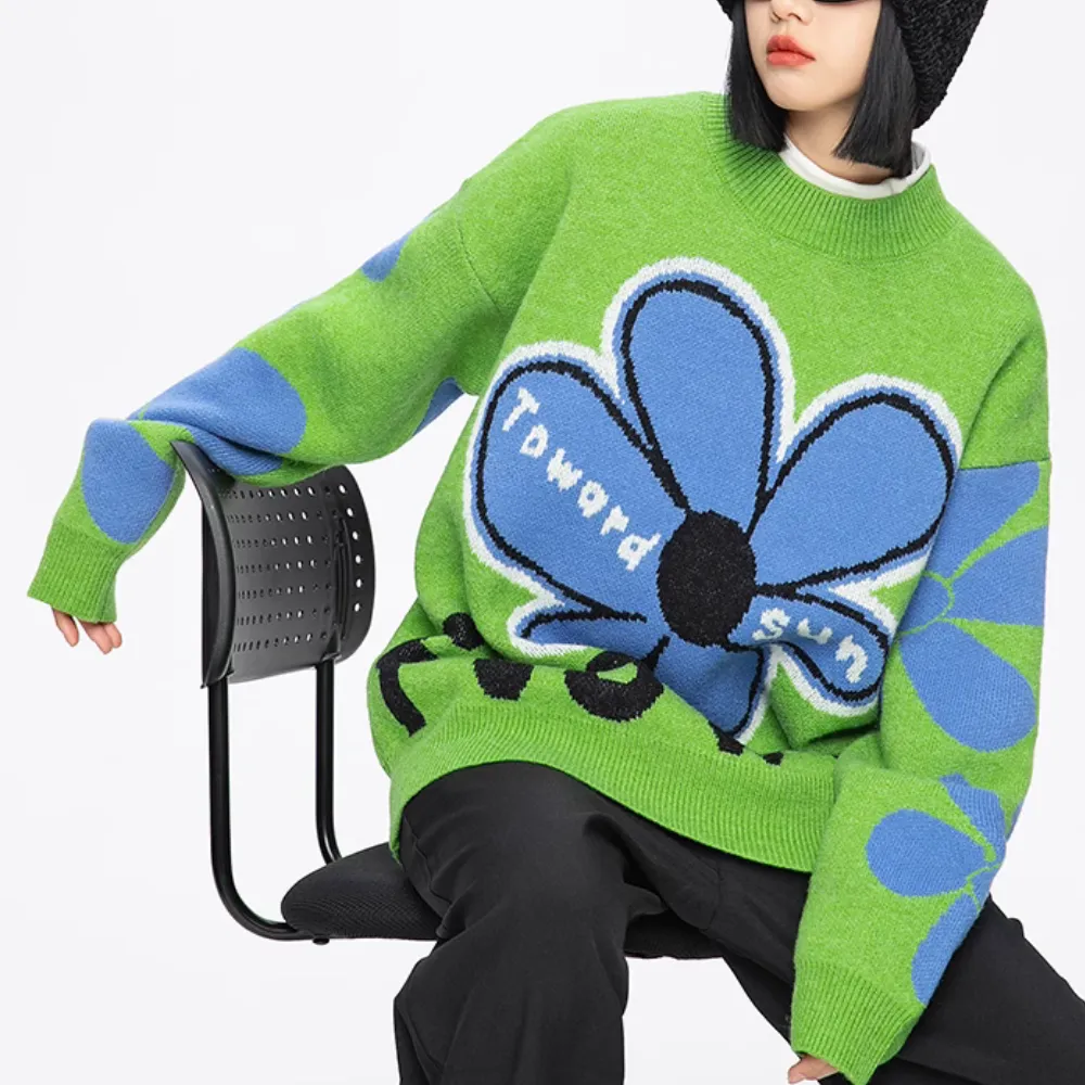 Women's Loose Blue Sunflower Sweater