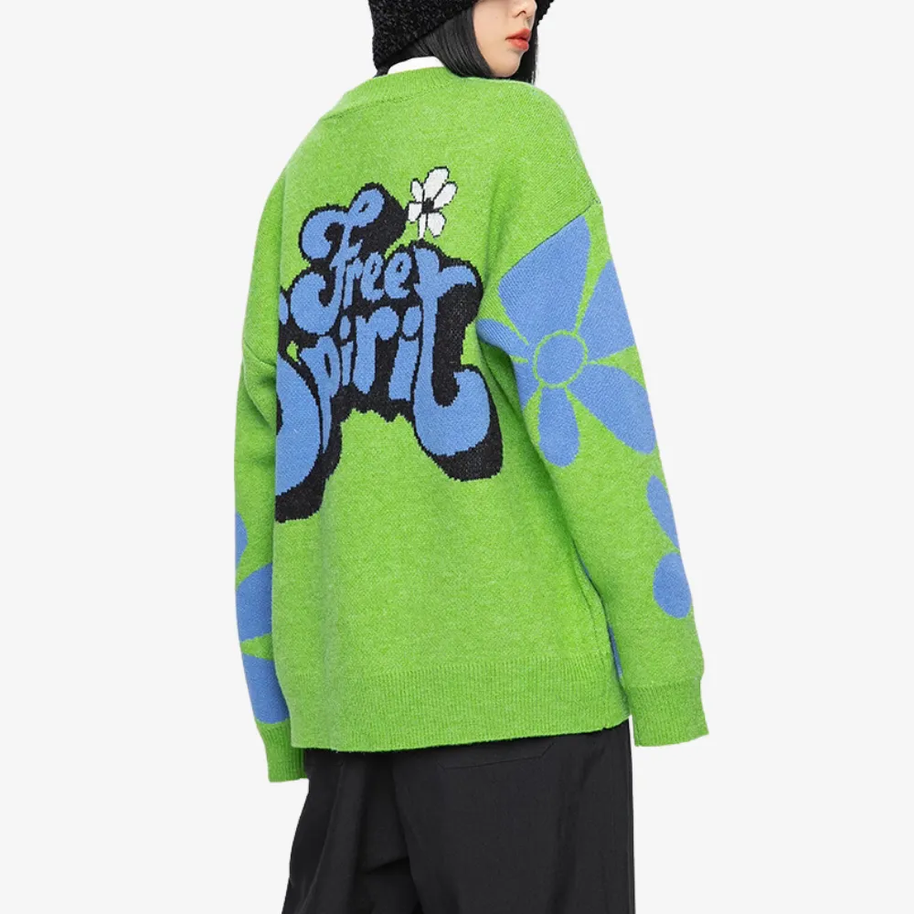 Women's Loose Blue Sunflower Sweater