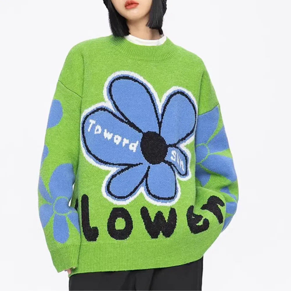 Women's Loose Blue Sunflower Sweater