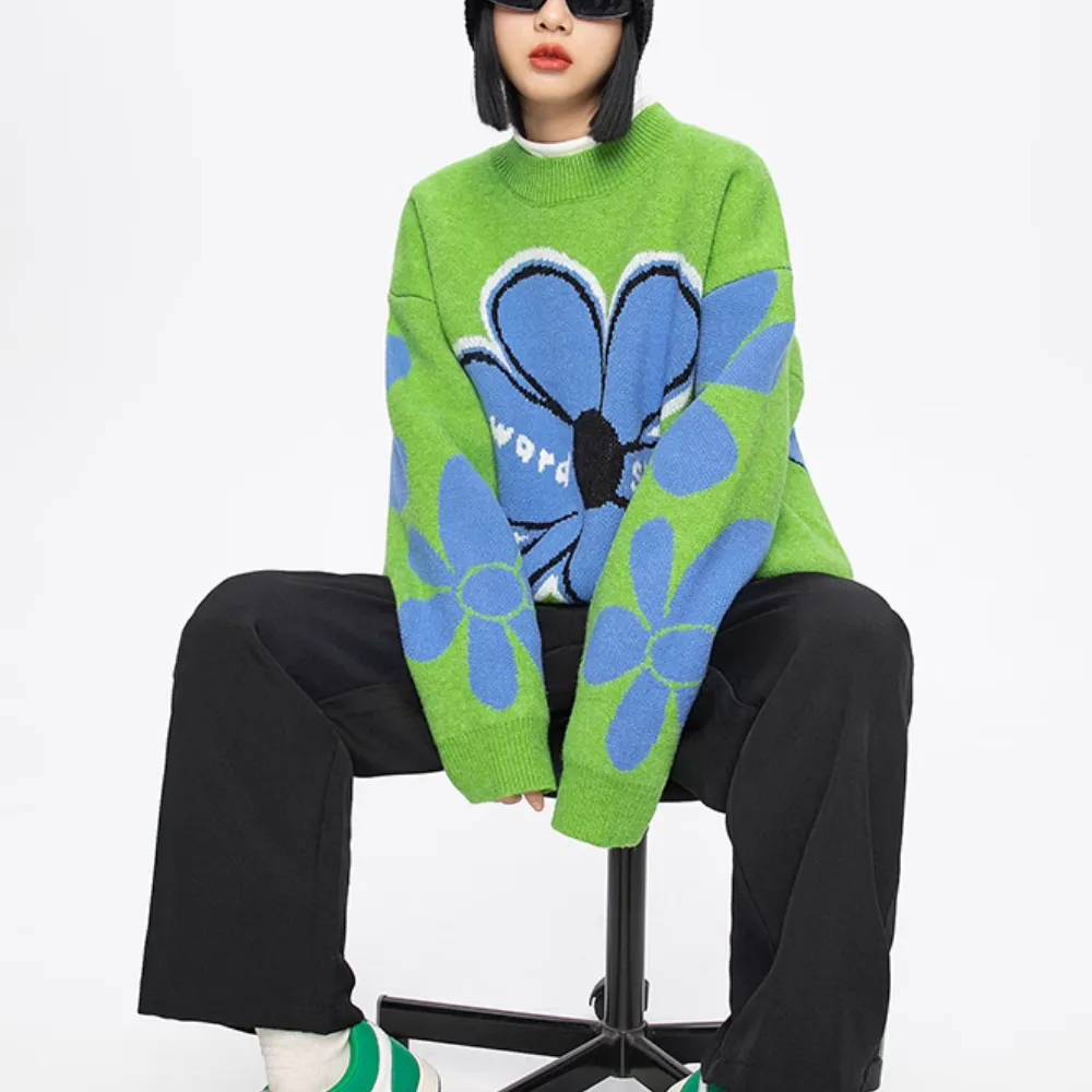 Women's Loose Blue Sunflower Sweater