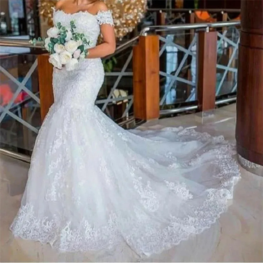 Women's Mermaid vestidos de novia off shoulder Lace Appliques Princess