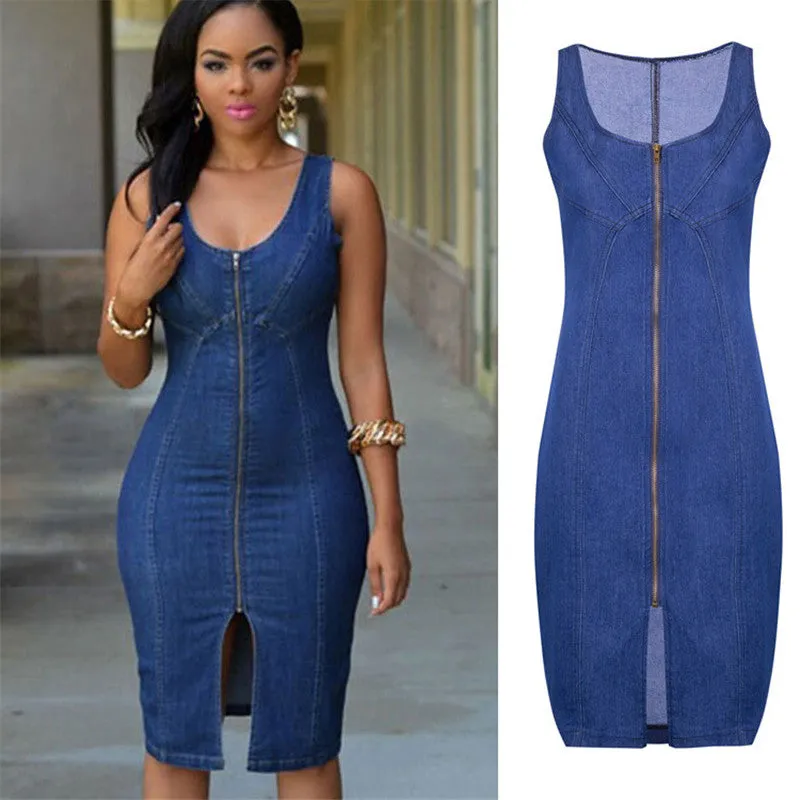 Women's One-piece Dress Zipper Denim Package Hip Skirt