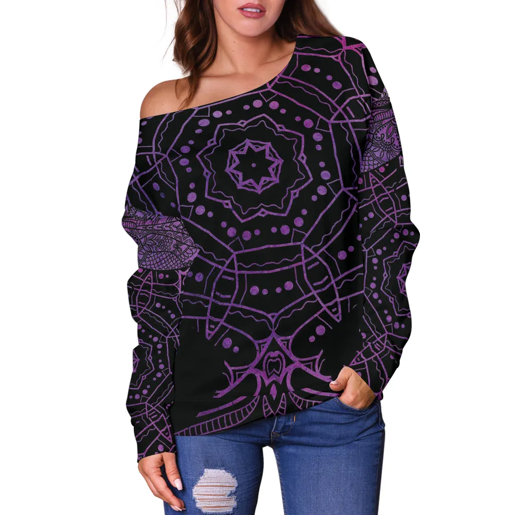 Women's Purple Mandala Dragonfly Off Shoulder Sweater