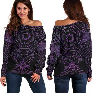 Women's Purple Mandala Dragonfly Off Shoulder Sweater