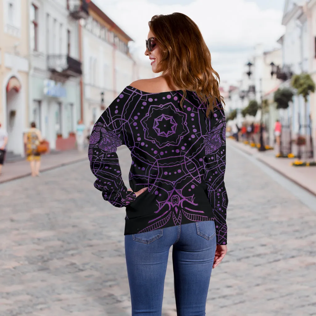 Women's Purple Mandala Dragonfly Off Shoulder Sweater