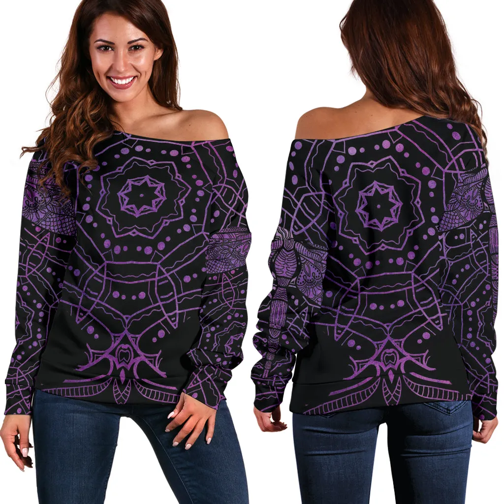 Women's Purple Mandala Dragonfly Off Shoulder Sweater