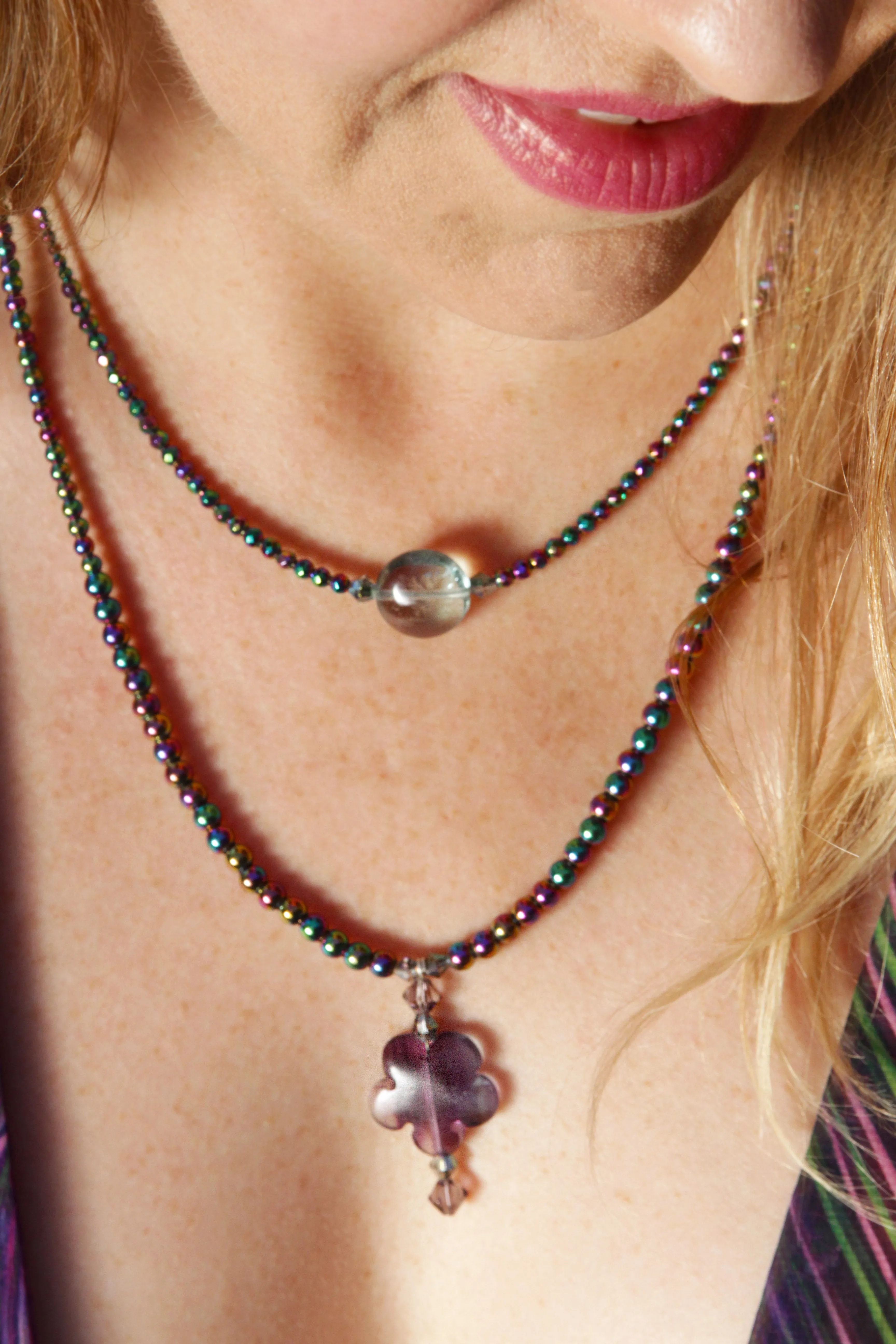 Women's Rainbow Heamatite and Fluorite Gemstone Double Necklace