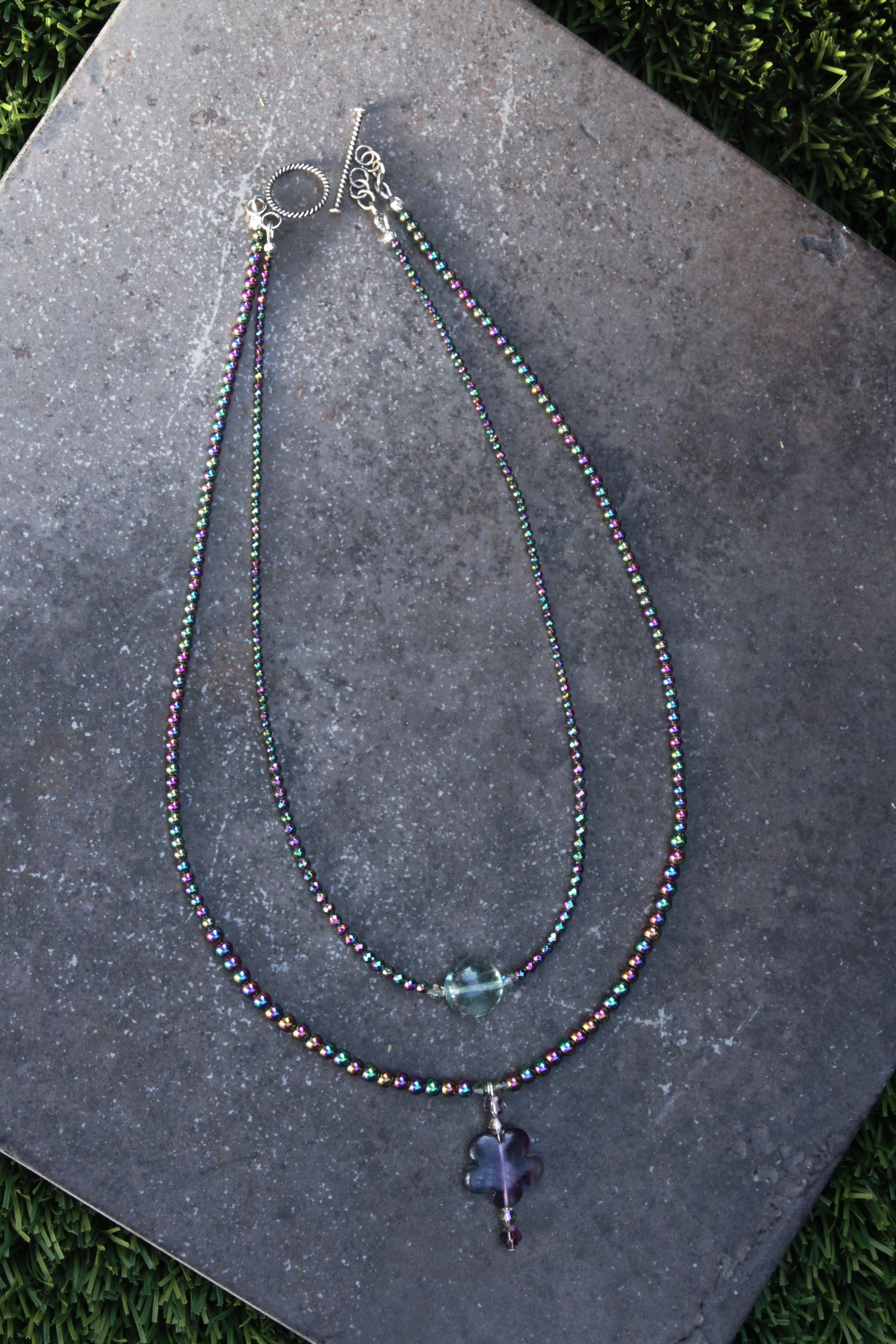 Women's Rainbow Heamatite and Fluorite Gemstone Double Necklace
