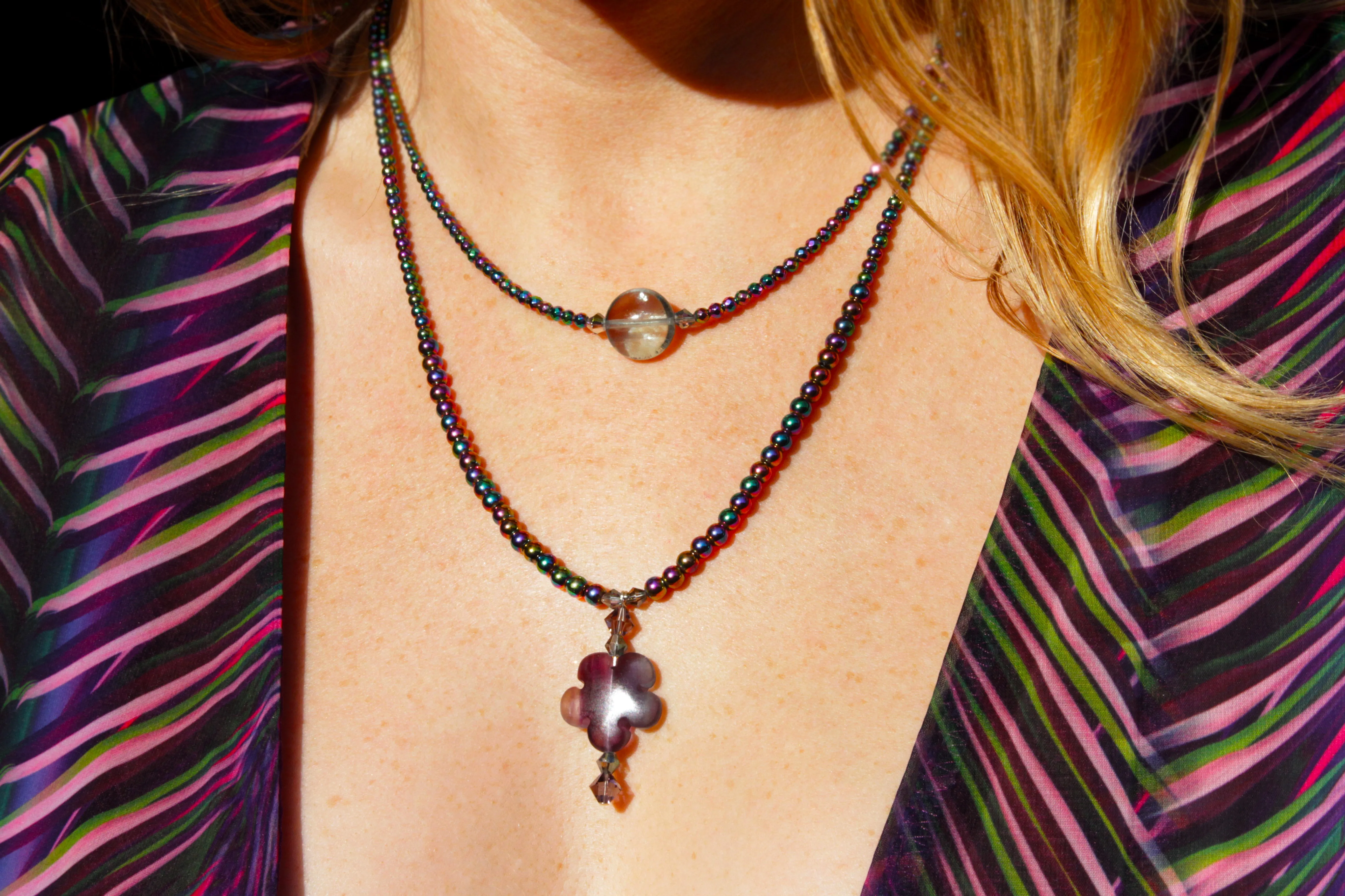 Women's Rainbow Heamatite and Fluorite Gemstone Double Necklace