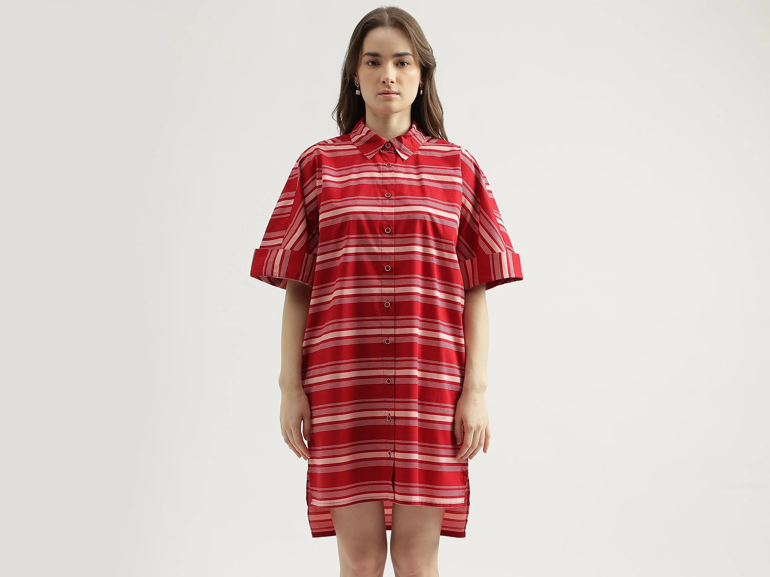 Women's Regular Fit Spread Collar Striped Shirt Dress
