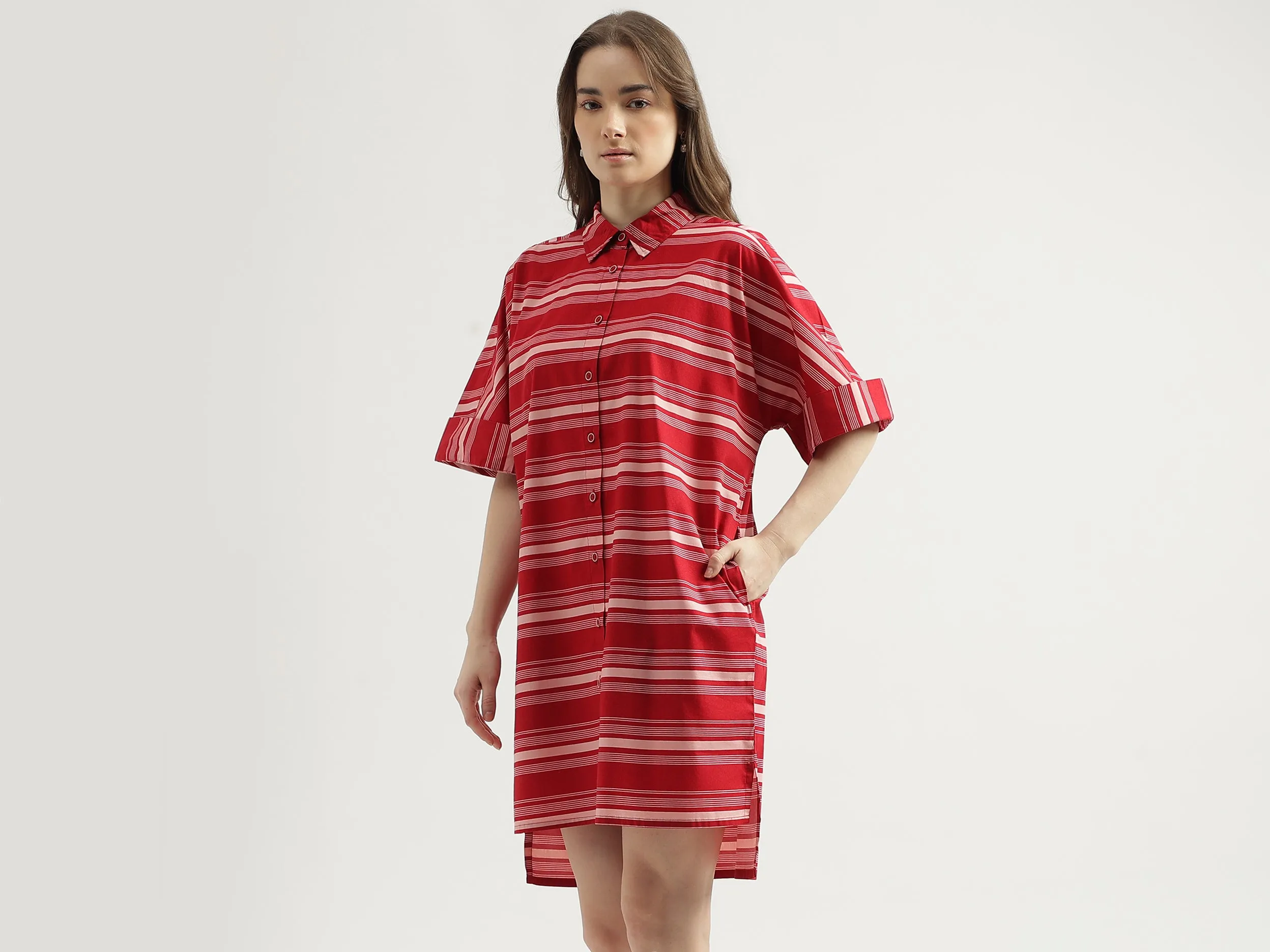 Women's Regular Fit Spread Collar Striped Shirt Dress