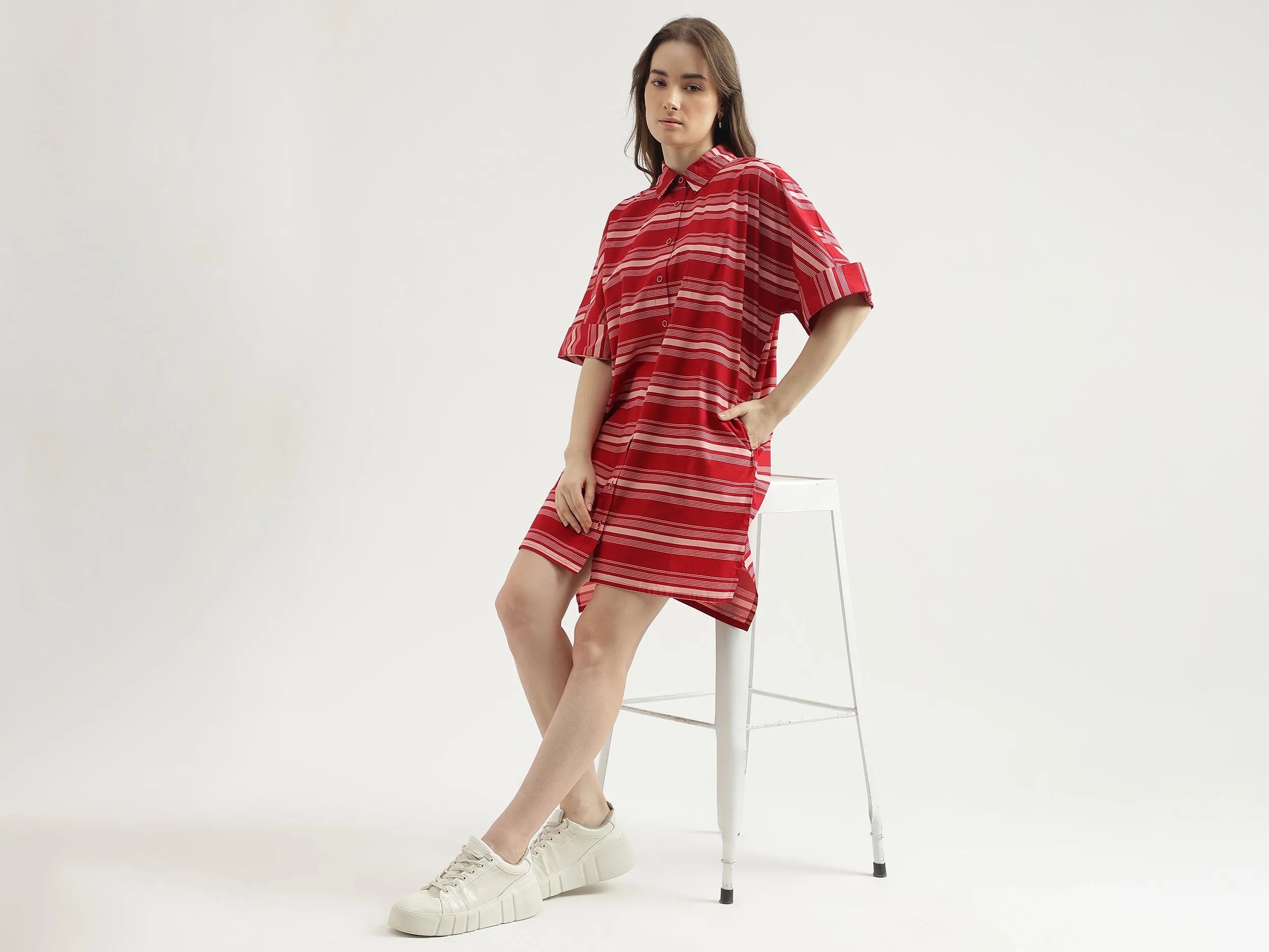 Women's Regular Fit Spread Collar Striped Shirt Dress