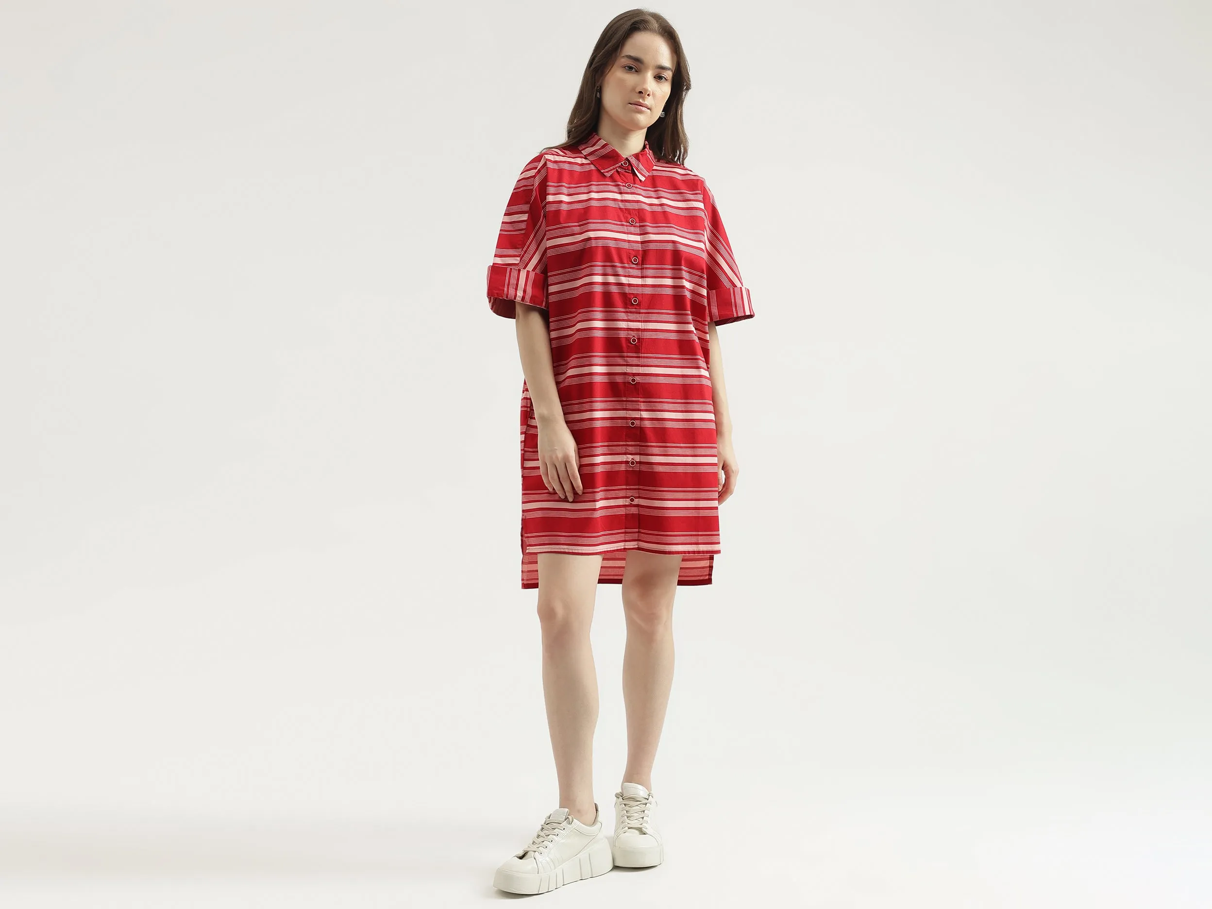 Women's Regular Fit Spread Collar Striped Shirt Dress