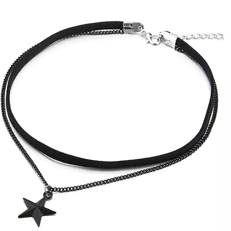 Women's Two-Row Black Choker Necklace with Black Chain and Pentagram Star Charm Pendant Multilayer Collar Necklace Gift for Her