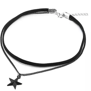 Women's Two-Row Black Choker Necklace with Black Chain and Pentagram Star Charm Pendant Multilayer Collar Necklace Gift for Her