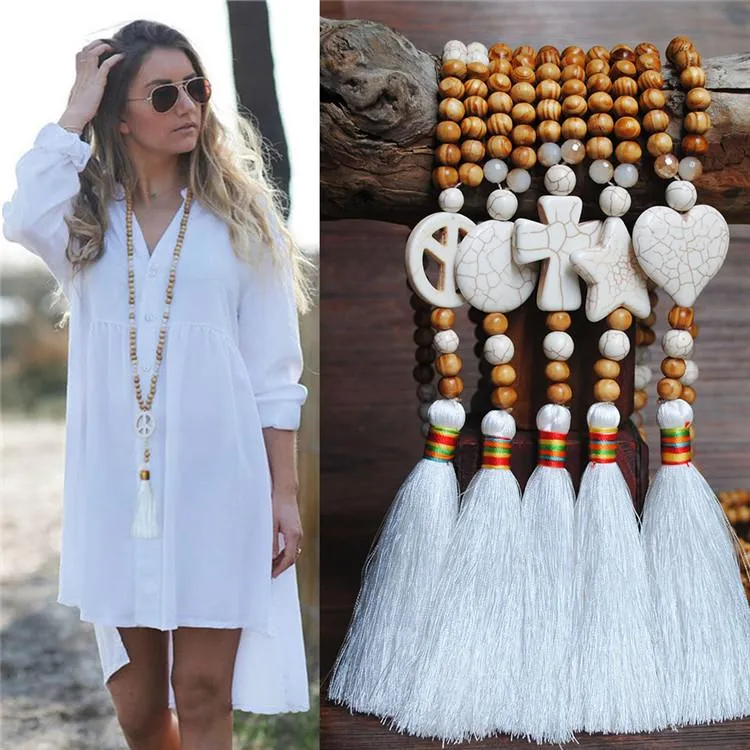 Women's White Thread Ethnic Style Handmade Wooden Beads Necklace - Heart Shape with White Tassel