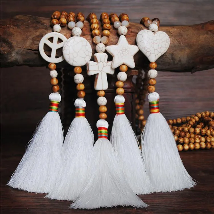 Women's White Thread Ethnic Style Handmade Wooden Beads Necklace - Heart Shape with White Tassel