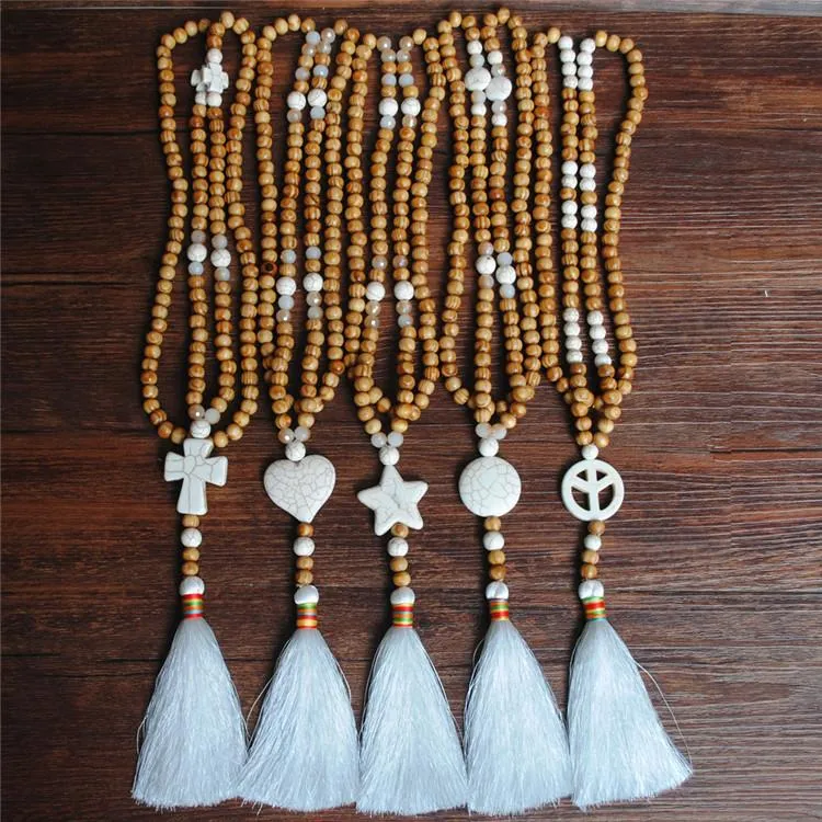 Women's White Thread Ethnic Style Handmade Wooden Beads Necklace - Heart Shape with White Tassel